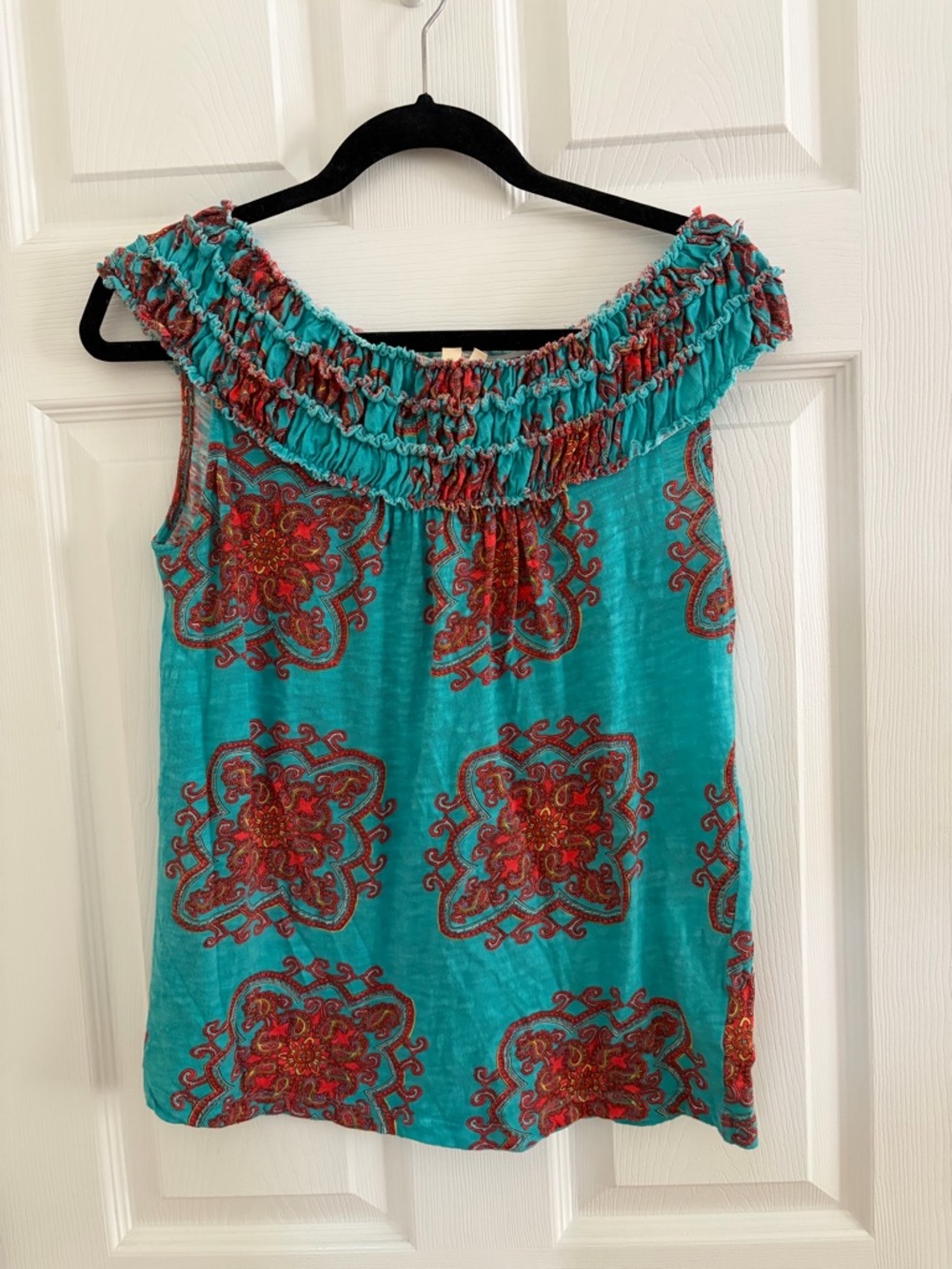 Anthropologie Meadow Rue Women's Teal Off-Shoulder Printed Top small
